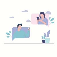 Illustration Mann Frau mit Gadget Smartphone Gespräch Geschäft Einkaufen Liebe Interesse vektor
