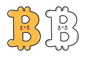 Bitcoin Zeichen Charakter Gliederung Karikatur Illustration zum Färbung Buch. Vektor Hand gezeichnet Bitcoin Zeichen raditional Karikatur Jahrgang, retro, kawaii Charakter. isoliert Weiß Hintergrund