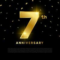 7:e årsdag firande med guld glitter Färg och svart bakgrund. vektor design för firande, inbjudan kort och hälsning kort.