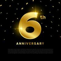 6:e årsdag firande med guld glitter Färg och svart bakgrund. vektor design för firande, inbjudan kort och hälsning kort.