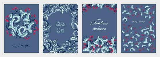 Blau Weihnachten Vorlagen mit Kopieren Raum. einstellen Gruß Karten fröhlich Weihnachten, glücklich Neu Jahr mit Vektor Hand gezeichnet dekorativ, abstrakt, künstlerisch Weihnachten Kranz, Blumen- Winter Ornament