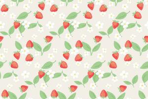 söt enkel stiliserade bär jordgubbe, blommor, löv sömlös mönster. vektor hand dragen klotter skiss. tecknad serie sommar frukt skriva ut på en ljus bakgrund. mall för design, barnslig, mode