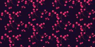 sömlös mönster med grenar röd bär på en mörk bakgrund. enbär, buxbom, Viburnum, berberis. botanisk illustration. vektor hand dragen skiss. mall för textil, mode, skriva ut.