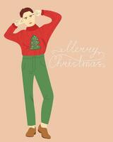 süß Weihnachten Karte mit Mann im hässlich Sweatshirt vektor