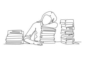 Single einer Linie Zeichnung von jung gelangweilt weiblich Hochschule Schüler fallen schlafend auf Stapel von Bücher während studieren beim Bibliothek. Lernen Konzept. modern kontinuierlich Linie zeichnen Design Grafik Vektor Illustration