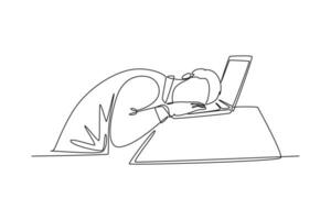 kontinuerlig ett linje teckning ung sömnig manlig arbetstagare falla sovande på bärbar dator medan han var arbetssätt på hans skrivbord. arbete Trötthet eller överbelastning på de kontor. enda linje dra design vektor grafisk illustration