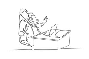 Single einer Linie Zeichnung von jung erschrocken Geschäftsmann behalten von selbst von Monitor Laptop weil von traumatisieren. Arbeit psychologisch Konzept. kontinuierlich Linie zeichnen Design Grafik Vektor Illustration