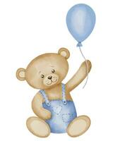 Teddy Bär mit Ballon Aquarell Illustration. Hand gezeichnet skizzieren von wenig süß Tier im Pastell- braun und Blau Farben zum Baby Dusche Einladungen oder glücklich Geburtstag Gruß Karten. kindisch Zeichnung vektor
