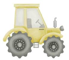 Traktor Aquarell Illustration. Hand gezeichnet Clip Kunst von Baby Spielzeug Gelb LKW auf isoliert Hintergrund. Zeichnung von ein Agrimotor Auto zum ein Jungs Spiel. skizzieren von Maschinen zum Konstruktion und Bauernhof vektor