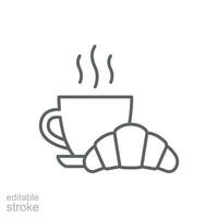 kaffe och croissant ikon. enkel översikt stil. bröd, bakverk, halvmåne, mat och dryck begrepp. tunn linje symbol. vektor illustration isolerat. redigerbar stroke.