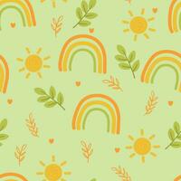 sömlös mönster av söt tecknad serie löv, regnbåge och Sol. söt tapet för gåva omslag papper, textil, färgrik vektor för barn, platt stil