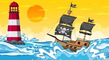 Ozean mit Piratenschiff bei Sonnenuntergangzeitszene im Karikaturstil vektor