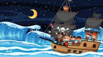 Ozeanszene in der Nacht mit Piratenkindern auf dem Schiff vektor