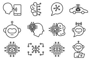 artificiell intelligens ikon uppsättning. robot huvud, hjärna ai, robot ärm, dator syn, stor data, ai assistent, djup inlärning, etc. linje ikon stil design. enkel vektor design redigerbar