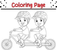 Lycklig liten barn ridning tandem cykel färg sida vektor