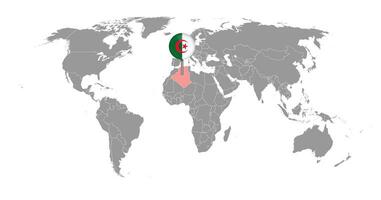 nåla karta med Algeriets flagga på världskartan. vektor illustration.