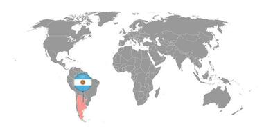 nålkarta med Argentinas flagga på världskartan. vektor illustration.