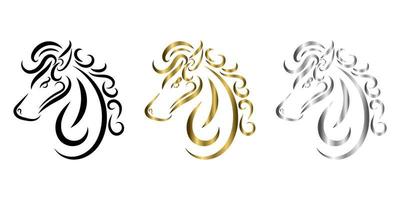 dreifarbige schwarze Gold- und Silberlinienkunst des Pferdekopfes. vektor
