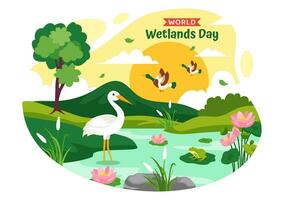 värld våtmarker dag vektor illustration på 2 februari med stork djur och trädgård bakgrund i Semester firande platt tecknad serie design