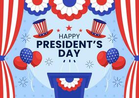 Lycklig presidenter dag vektor illustration på 19 februari med president Amerika och USA flagga i platt tecknad serie bakgrund design