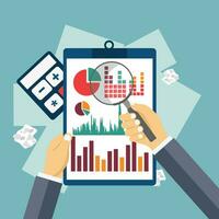 finansiera, företag, planen, arbete, tillväxt, ekonomi, pappersarbete, konsult. affärsman händer med förstoringsglas och papper ark. analys begrepp. revision beskatta, finansiell marknadsföra analys, finansiell Rapportera. vektor