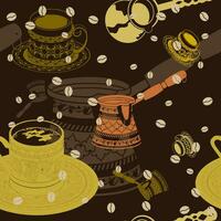editierbar eben einfarbig Türkisch Kaffee Vektor Illustration und Kaffee Bohnen Silhouette wie nahtlos Muster mit dunkel Hintergrund zum Cafe oder Kaffee Industrie und Ottomane Türkisch Kultur Design