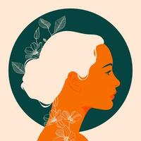 Profil von ein schön Mädchen mit Blumen im ihr Haar. Vektor Illustration im Wohnung, einfach Stil. Design Element zum Poster, druckt zum Kleidung, Banner, Abdeckungen, Webseiten, Sozial Netzwerke, Logo