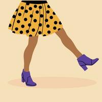 Damen Beine im hoch hochhackig Schuhe und ein lustig, mehrfarbig, modisch retro Stil Rock. Vektor Illustration im Karikatur Stil
