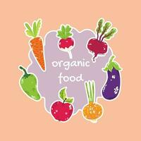 en affisch med frukt i en cirkel och ett inskrift i de mitten. organisk frukt och grönsaker. vektor illustration ritad för hand