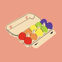 färgrik kyckling ägg i kartong lådor. ägg med skal. ester, frukost, organisk bruka mat begrepp. hand dragen vektor illustration.