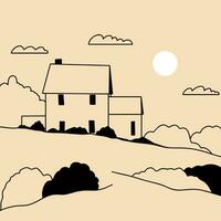 Landschaft. Ranch, Haus im das Berg, Bauernhof, Wiese, Haus, Baum, Straße, Berg. Hand gezeichnet Vektor Illustration. minimalistisch Panorama- Studie von das Landschaft. Symbol, Logo, drucken, Poster Vorlagen