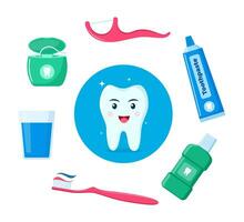 gesund glücklich Zahn Charakter umgeben durch Dental Reinigung Werkzeug, Oral Hygiene Produkte. Dental Gesundheit Konzept. Vektor Illustration.