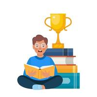 Stapel von Bücher mit golden Tasse Trophäe. Lektüre, Literatur, Enzyklopädie. Junge Sitzung in der Nähe von das Stapel von Bücher und lesen Buch. Genius Kind. Wissen, Kreativität, Entdeckungen. Vektor Illustration.