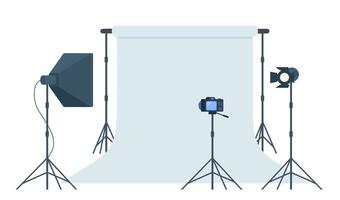 Foto studio med vit tom bakgrund, mjuk låda ljus, kamera, strålkastare. professionell Utrustning för Foto och video skytte. vektor illustration.