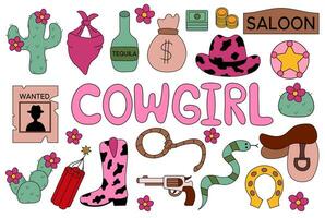 samling av retro cowgirl element. cowgirl stövlar, rep, pistol, sadel, hatt, hästsko, tequila, dynamit, pengar väska, kaktus, text. Västra och vild väst tema. hand dragen vektor illustration.