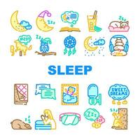 Schlaf Bett Kissen Traum Nacht Symbole einstellen Vektor