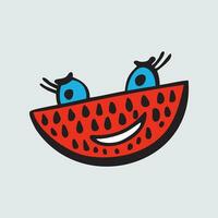 süß Wassermelone Obst Vektor, Obst mit Gesicht, glücklich Wassermelone Vektor, Sommer- Obst mit Augen, Kinder komisch Illustration. Gekritzel vektor