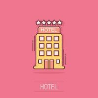 Vektor-Cartoon-Hotel-Symbol im Comic-Stil. Turm Zeichen Abbildung Piktogramm. hotel apartment business splash effekt konzept. vektor