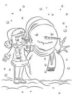 ein Mädchen spielen mit Schneemann. Weihnachten Färbung Seite zum Kinder. vektor