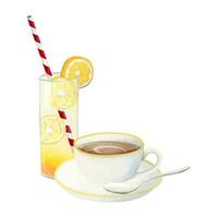 kontinental morgon- kopp av kaffe med sked och orange juice för frukost vattenfärg vektor illustration för hotell Kafé menyer