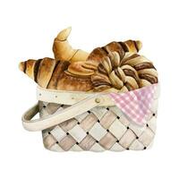 frisch Süss Gebäck im Korbweide Korb mit Croissants und Gebäck Aquarell Illustration zum Picknick und Bäckerei Designs vektor