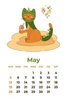 kann 2024. Kalender Blatt mit ein süß Katze im ein Drachen Kostüm und Eis Creme. Karikatur Vektor Illustration.