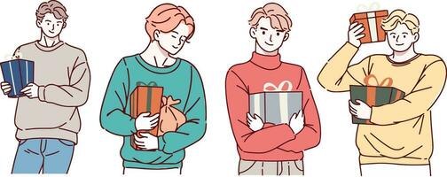 glücklich Menschen mit Weihnachten Geschenke. einstellen von fröhlich Mann halten und Tragen eingewickelt Neu Jahr Geschenk Boxen. Geschenkbox zum Winter Feiertage. eben Vektor Illustration isoliert auf Weiß Hintergrund