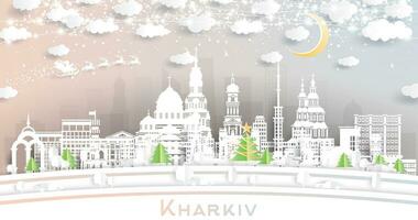 kharkiv ukraina. vinter- stad horisont i papper skära stil med snöflingor, måne och neon krans. jul och ny år begrepp. santa claus på släde. kharkiv stadsbild med landmärken. vektor