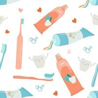 sömlös mönster med öppen rör av tandkräm, tand vård vektor tecknad serie illustrationer. dental hygien tillbehör.