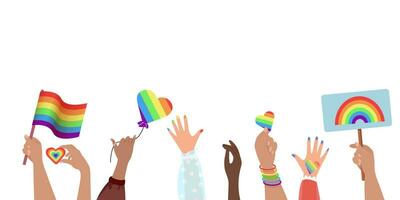händer innehav HBTQ flagga, HBTQ symbol. människor folkmassan med regnbåge flagga, regnbåge hjärtan och hjärtan, lgbtq gemenskap, stolthet månad. Gay parad plakat vektor illustration bakgrund med kopia Plats.