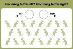 räkna på vilket sätt många dinos gå till de rätt och vänster logisk spel för barn vänster höger. Träning ark. vektor illustration