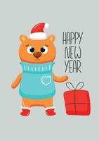 glücklich Neu Jahr Karte mit süß Bär Charakter im rot Hut und Stiefel. Vektor