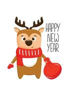 Neu Jahr Karte mit süß Hirsch im Weihnachten rot Schal und Fäustlinge, hält Tasche mit Geschenke vektor