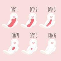 Blutung Menstruation- Zeitraum auf Pad Tag durch Tag. weiblich Pad mit Blut. Vektor Illustration.